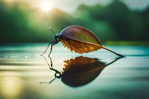 a leaf is sitting on the water with its reflection. AI-Generated photo