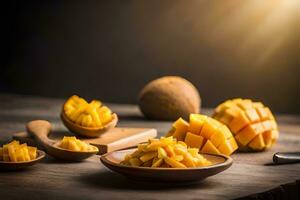 mango slices in bowls on a wooden table. AI-Generated photo