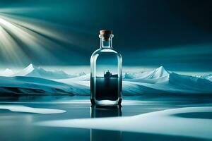 un botella de vodka en el medio de un lago. generado por ai foto