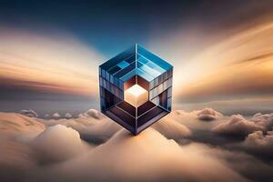 a cube in the sky with clouds. AI-Generated photo