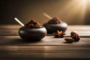 chocolate mousse with almonds and spices on wooden table. AI-Generated photo