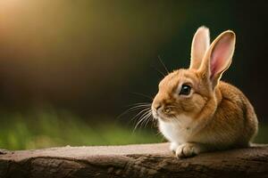 a small rabbit sitting on a log in the grass. AI-Generated photo