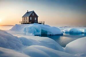 un pequeño casa se sienta en parte superior de un iceberg. generado por ai foto