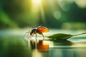 a bug is standing on the water with a leaf. AI-Generated photo