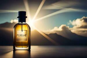 a bottle of perfume sitting on a table with the sun shining. AI-Generated photo