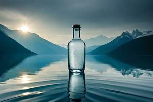 a bottle of water sits on the water in front of mountains. AI-Generated photo