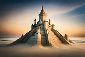 a castle made out of sand on the beach. AI-Generated photo