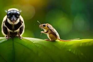 un pequeño insecto y un grande error sentado en un hoja. generado por ai foto