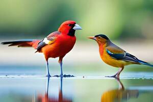 two colorful birds standing on the water. AI-Generated photo