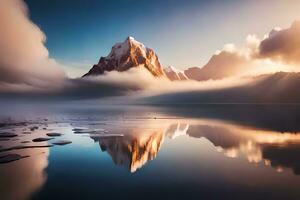 a mountain is reflected in the water at sunrise. AI-Generated photo