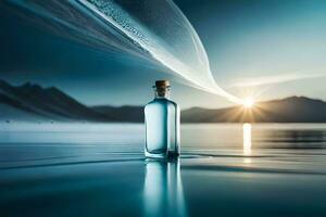 a bottle of water sitting on the water with a mountain in the background. AI-Generated photo