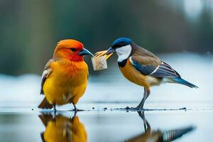 dos aves en pie en el agua con un pedazo de un pan. generado por ai foto