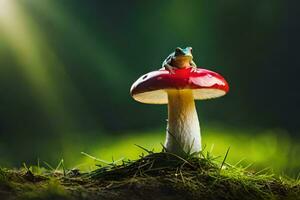 a frog sits on top of a red mushroom. AI-Generated photo