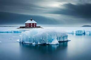 a red house sits on an iceberg in the middle of the ocean. AI-Generated photo