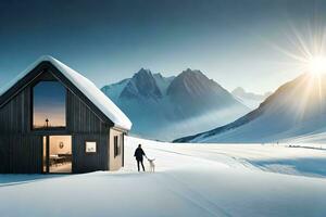a man and his dog walk in front of a cabin in the snow. AI-Generated photo
