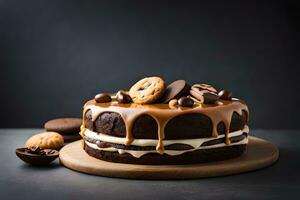 un chocolate pastel con galletas y caramelo llovizna. generado por ai foto