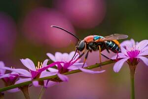 a bee with a red and blue body sitting on a flower. AI-Generated photo