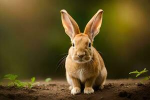 un Conejo es sentado en el suelo en frente de un verde antecedentes. generado por ai foto