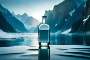 a bottle of water sits on the edge of a lake. AI-Generated photo