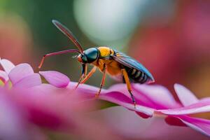 un avispa es sentado en un rosado flor. generado por ai foto