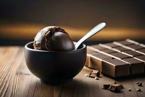 chocolate ice cream in a cup with chocolate bars. AI-Generated photo