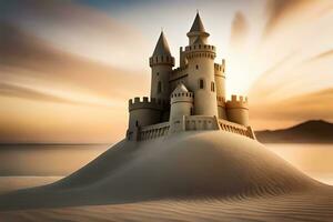 un castillo es construido en parte superior de un arena duna. generado por ai foto