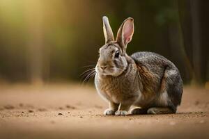 a rabbit is sitting on the ground in the middle of a field. AI-Generated photo