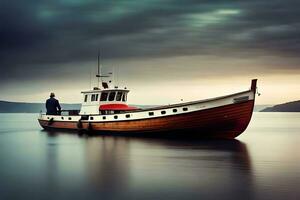 a man is standing on the deck of a boat. AI-Generated photo