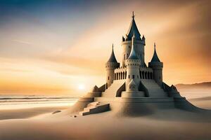 un castillo en el playa a puesta de sol. generado por ai foto