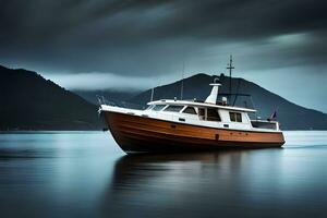 a boat is sailing on the water under a stormy sky. AI-Generated photo