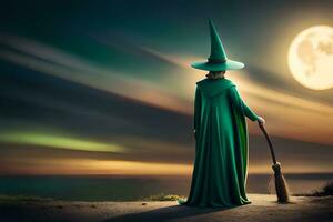 a witch in green standing on the beach with a broom. AI-Generated photo