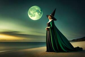 witch on the beach with full moon. AI-Generated photo