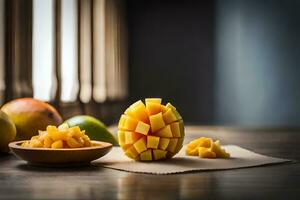 mango slices and a bowl of fruit on a table. AI-Generated photo