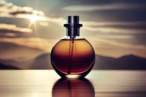 a bottle of perfume sitting on a table with the sun in the background. AI-Generated photo