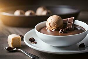 chocolate pudding with ice cream and chocolate balls on a wooden table. AI-Generated photo