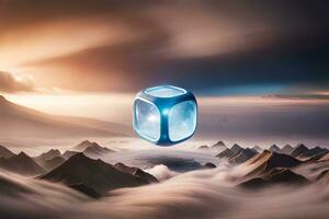 a blue cube floating in the air over mountains. AI-Generated photo