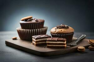 chocolate cupcakes on a wooden board with a fork. AI-Generated photo