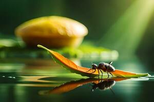 a bug on a leaf in the water with a lemon. AI-Generated photo