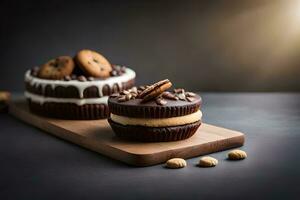 chocolate cupcakes with cookies and cream frosting on a wooden board. AI-Generated photo