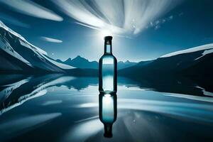 a bottle of wine is sitting on the water with mountains in the background. AI-Generated photo