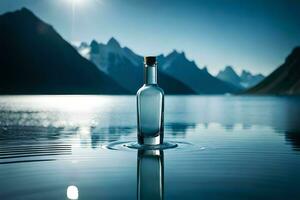 a bottle of water sits on the water with mountains in the background. AI-Generated photo