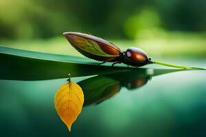 a bug with a leaf on its back and a leaf on the water. AI-Generated photo