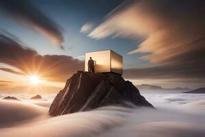 un hombre en pie en parte superior de un montaña con un caja en cima. generado por ai foto