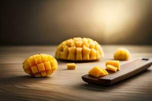 mango slices on a wooden table with a knife. AI-Generated photo