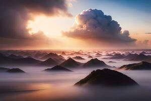 un hermosa amanecer terminado montañas y nubes generado por ai foto