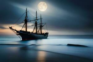 a sailing ship in the ocean at night with a full moon. AI-Generated photo