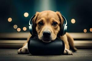 a dog wearing headphones laying on the floor. AI-Generated photo