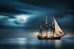 sailing ship at night with moon and clouds. AI-Generated photo