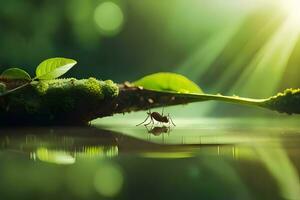 a bug is sitting on a branch in the water. AI-Generated photo