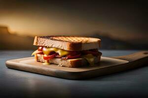 a grilled cheese sandwich on a cutting board. AI-Generated photo